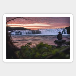 Man Watching Midnight Sunset by the Waterfall during Summer in Iceland Sticker